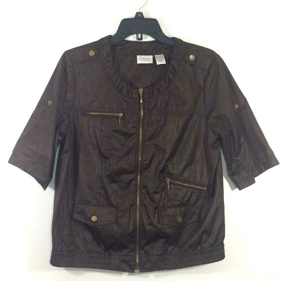 Chico’s Zenergy Brown Textured Athleisure Short Sleeve Zip Up Jacket - Picture 2 of 8